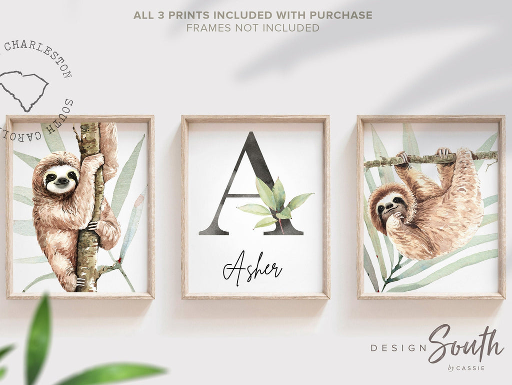Sloth wall art set, sloth themed baby nursery, sloth nursery ideas, sloth tropical rainforest room decor, sloth boy monogram, toddler sloths
