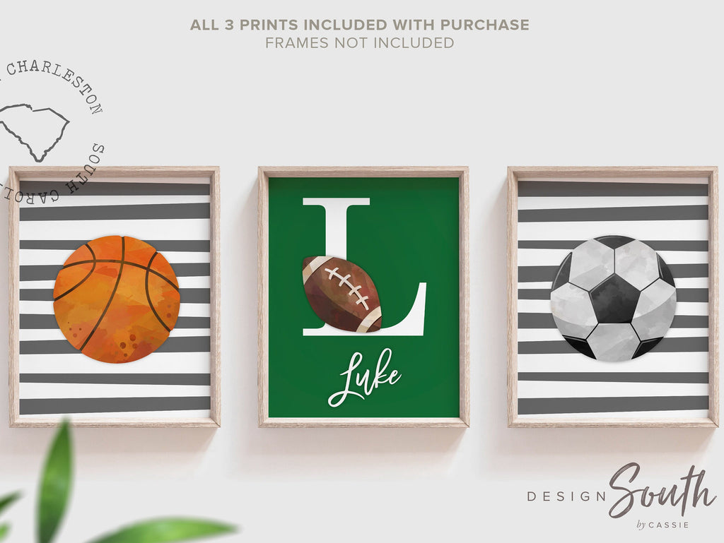 Green gray sports theme, little boys name gift, sports wall art, athlete baby boy gift, artwork above bed sports theme, basketball football