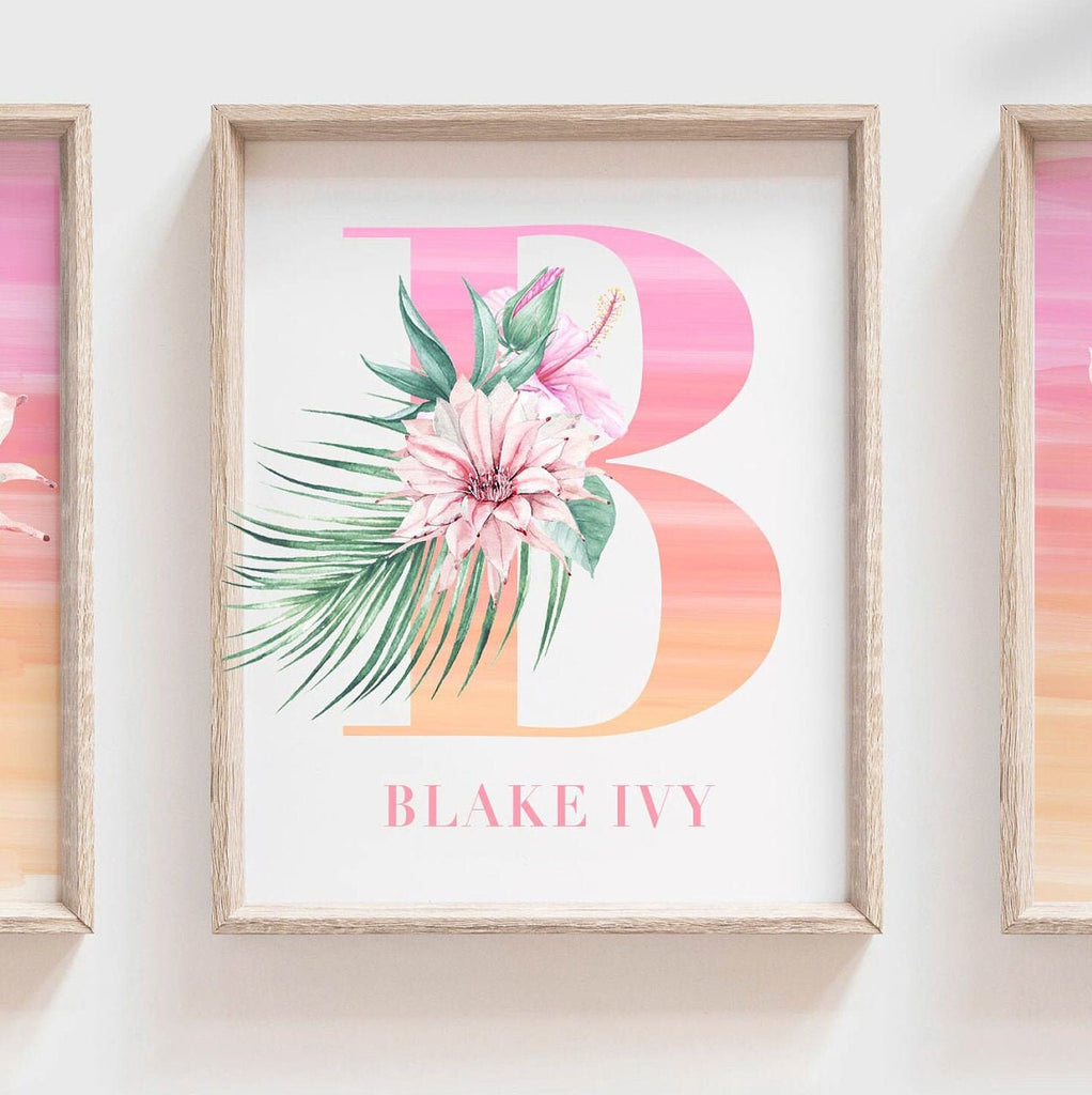 Summer palm desert tropical nursery kid, chic desert cactus baby room, pink orange desert themed room, girls name initial cactus blooms art