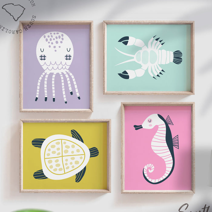 Under the sea wall decor, sea horse octopus lobster sea turtle art print set, kids playroom wall decor, marine nautical theme room kids art