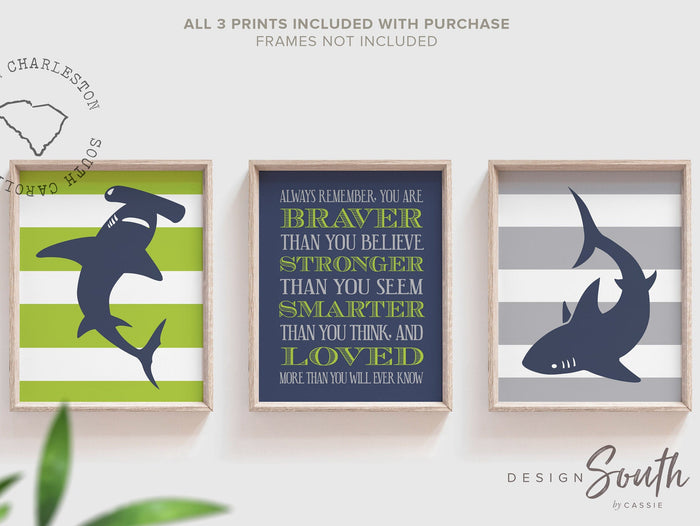 Shark boys room navy blue gray and green, braver smarter stronger boys inspirational quote, toddler shark themed room art, decor little boy