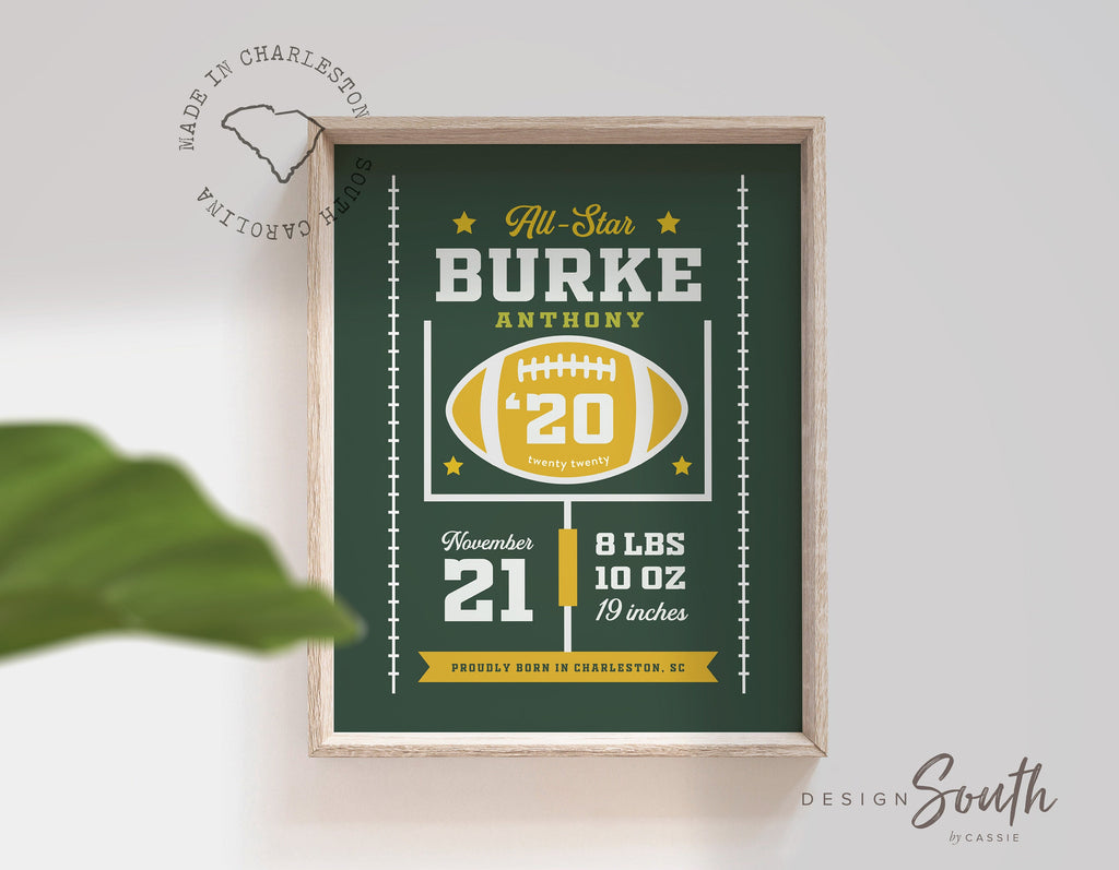 green_yellow_gold,packers_colors_sign,packers_nursery_art,football_child_room,birth_stats_poster,football_themed_art,gift_baby_boy_sports,custom_name_sign_boy,personalized_sign,sports_gift_football,custom_football_baby,sports_nursery_art,sports_nursery_decor