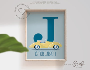 blue_yellow_car_art,boy_monogram_sign,vintage_car_poster,name_initial_child,toddler_room_decor,car_lover_kid_gift,classic_car_nursery,classic_car_room_boy,baby_shower_cars,shower_retro_cars,transportation_print,wall_art_for_boys,blue_yellow_art_name