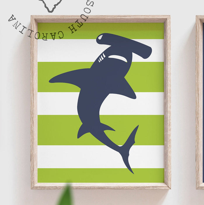 Shark boys room navy blue gray and green, braver smarter stronger boys inspirational quote, toddler shark themed room art, decor little boy