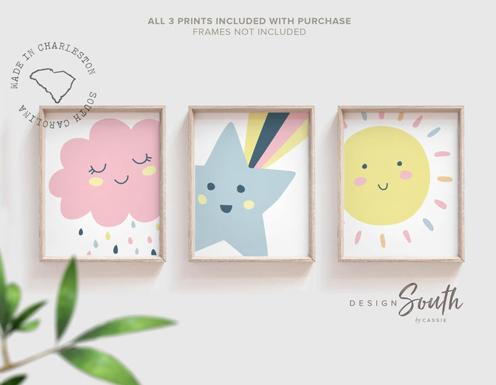 Trendy pastel nursery, shooting star wall art, nursery kids bedroom decor star cloud sun, neutral pastel newborn, sunshine nursery print set