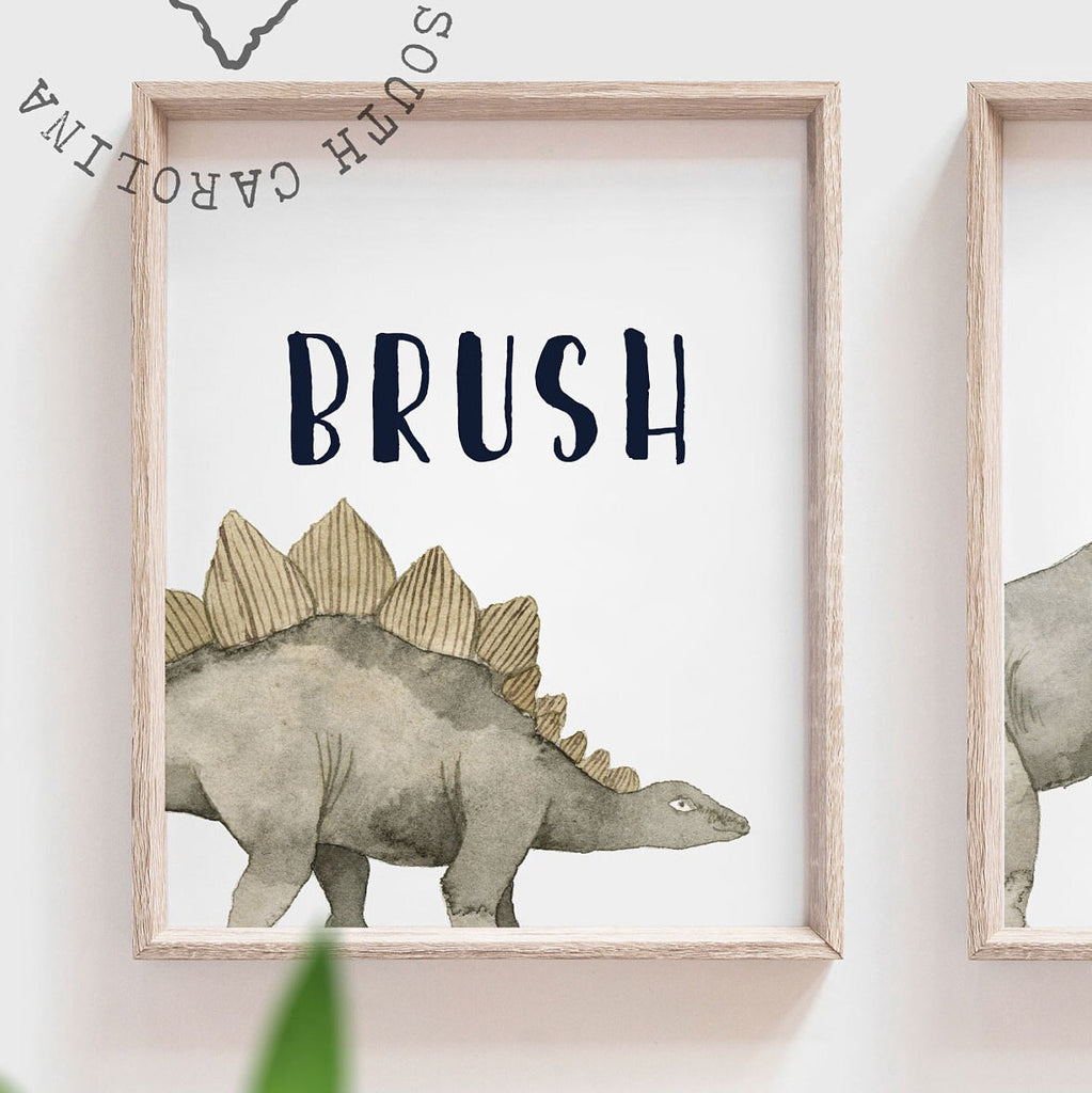 Boy neutral gray tan bathroom dinosaur themed, dinosaur kids bathroom, wash brush flush, boys bathroom prints, boys dinosaur bathroom decor