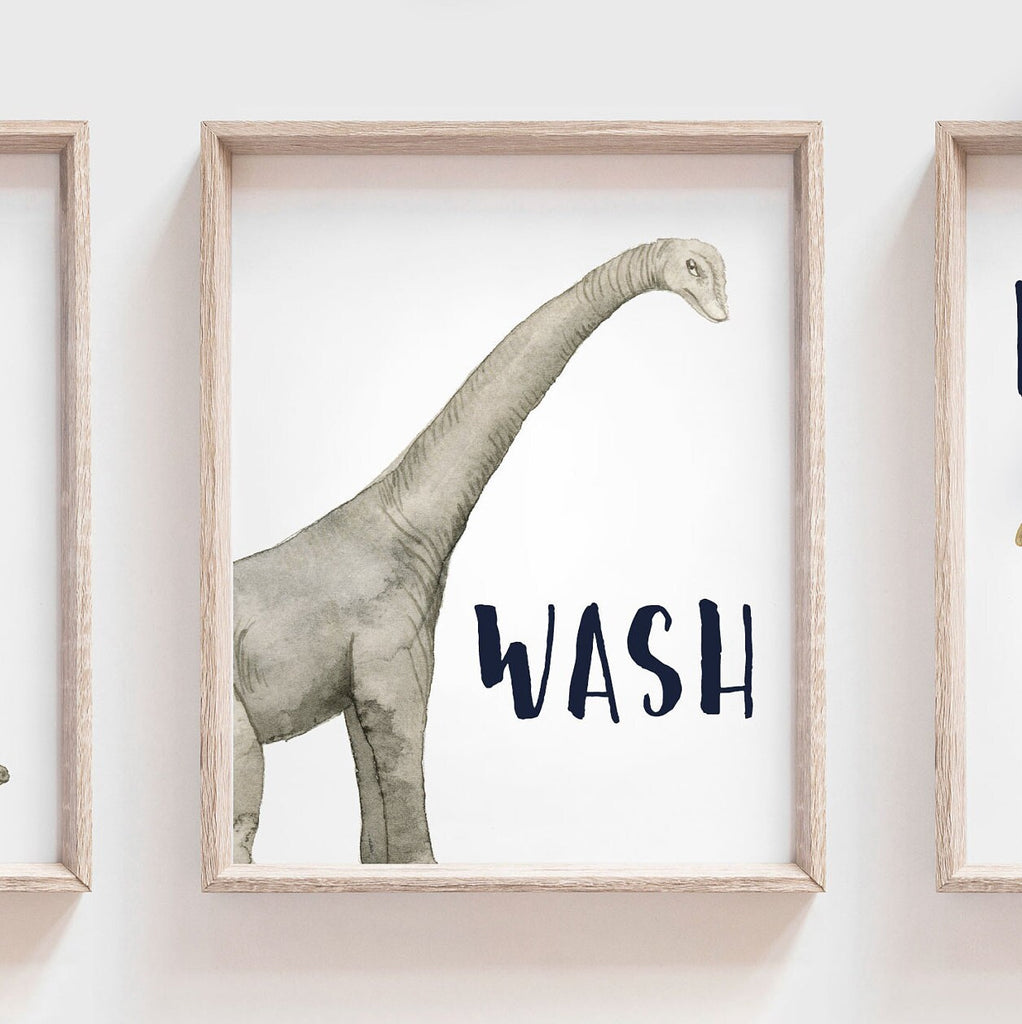 Boy neutral gray tan bathroom dinosaur themed, dinosaur kids bathroom, wash brush flush, boys bathroom prints, boys dinosaur bathroom decor