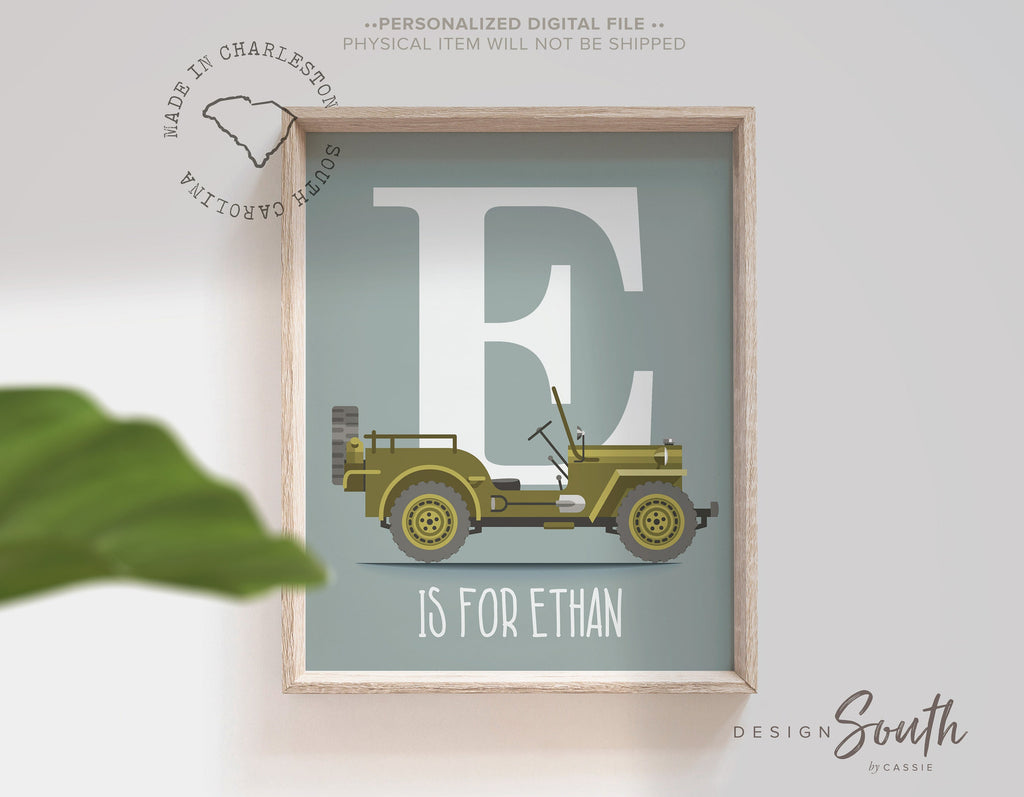 vintage_jeep_baby,boys_monogram_name,vintage_retro_jeep,kid_military_party,gift_for_boy_army,army_vehicle_themed,army_initial_boys,personalized_letter,boy_room_wall_art,playroom_kid_decor,army_olive_green,military_olive_drab,print_gift_toddler