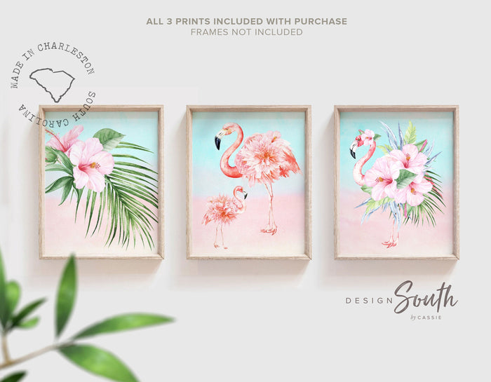 Tropical flamingo palm wall art, flamingo picture palm green tropical plant prints, baby nursery palm tropical, artwork above crib tropical