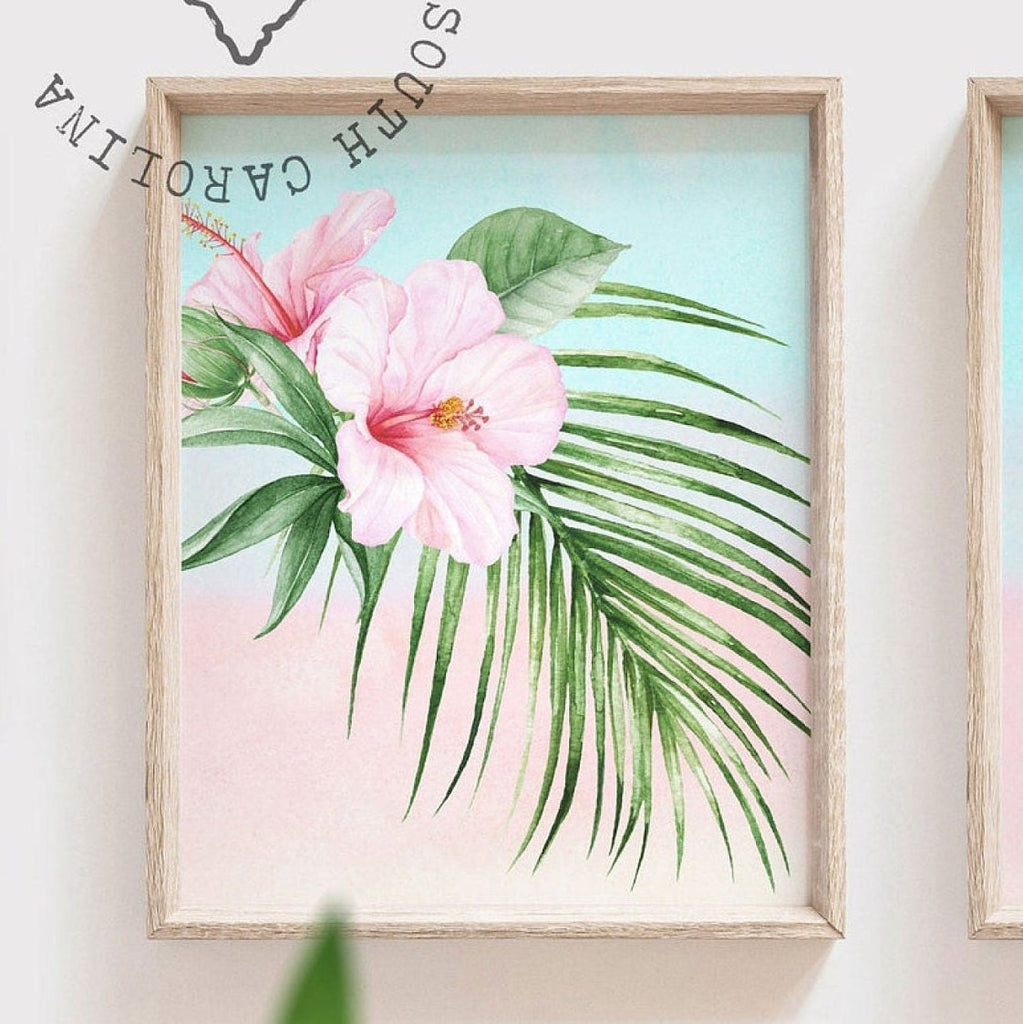 Tropical flamingo palm wall art, flamingo picture palm green tropical plant prints, baby nursery palm tropical, artwork above crib tropical
