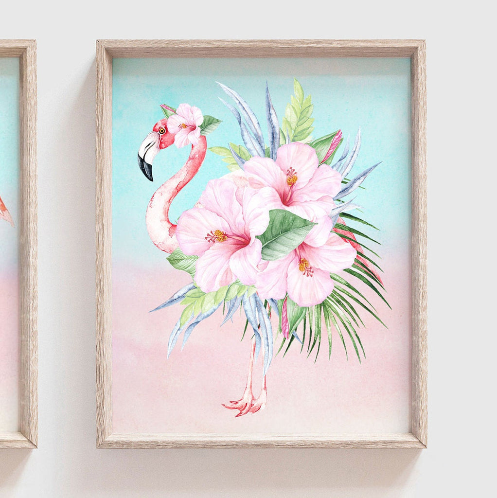 Tropical flamingo palm wall art, flamingo picture palm green tropical plant prints, baby nursery palm tropical, artwork above crib tropical
