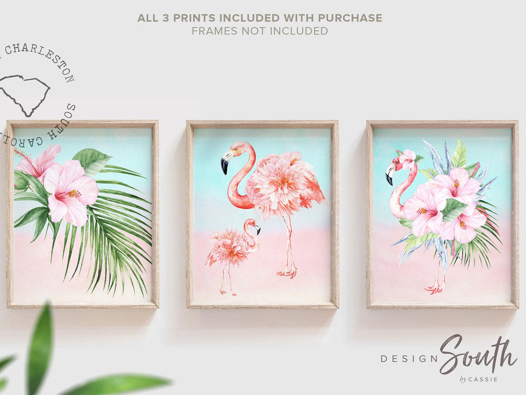 Tropical flamingo palm wall art, flamingo picture palm green tropical plant prints, baby nursery palm tropical, artwork above crib tropical