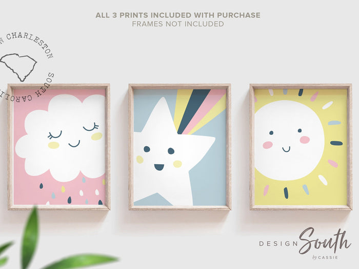 Sunshine nursery art, sunshine themed nursery decor, kids playroom wall ideas, baby shooting star art print set, pastel sun shooting star