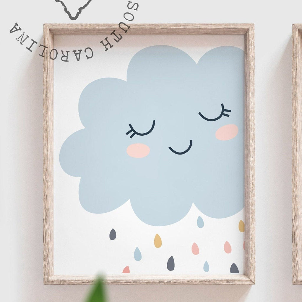 Gender neutral nursery decor, sun print for boys or girls, yellow star sun cloud prints, unisex shared playroom kid wall art, nursery ideas