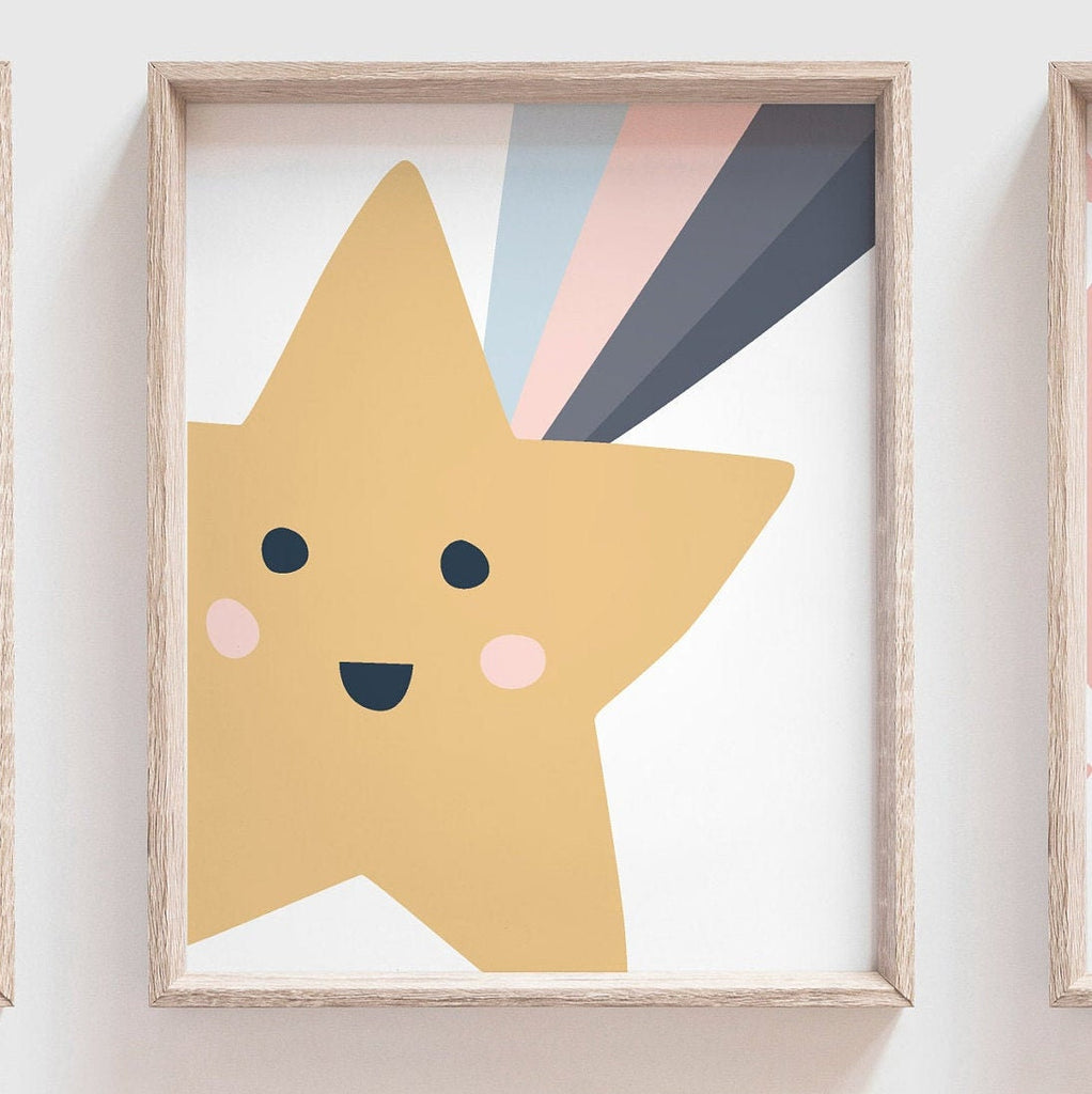 Gender neutral nursery decor, sun print for boys or girls, yellow star sun cloud prints, unisex shared playroom kid wall art, nursery ideas
