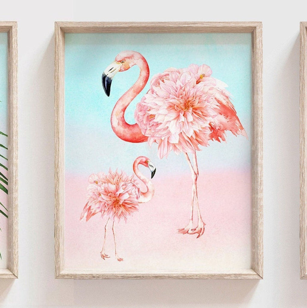 Tropical flamingo palm wall art, flamingo picture palm green tropical plant prints, baby nursery palm tropical, artwork above crib tropical