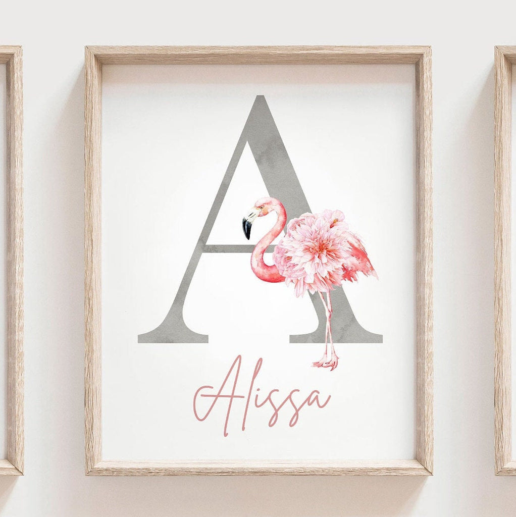 Pink and gray nursery art, pink and gray nursery decor baby name personalized, flamingo girls name, custom girl sign tropical nursery themed