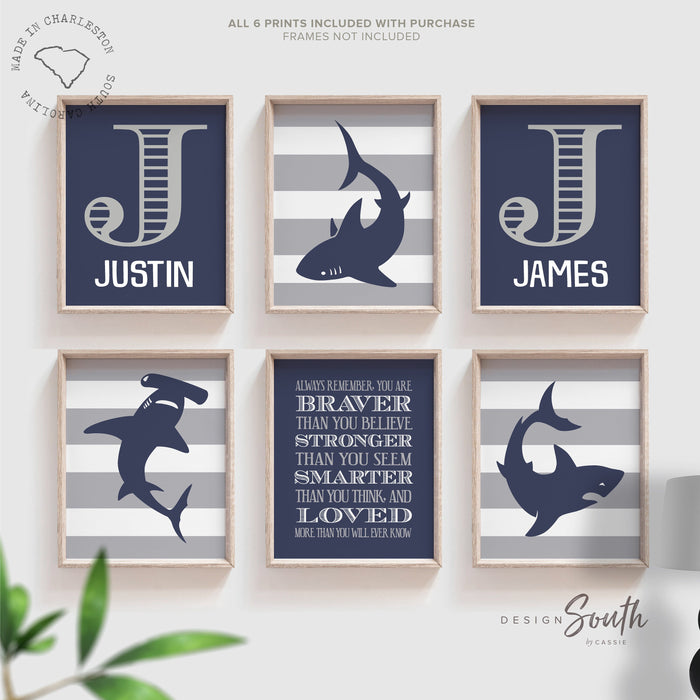 Twin boys shark themed wall art, twin decor baby boy wall art sharks, twin boys nursery art navy blue and gray, twin brothers nursery decor