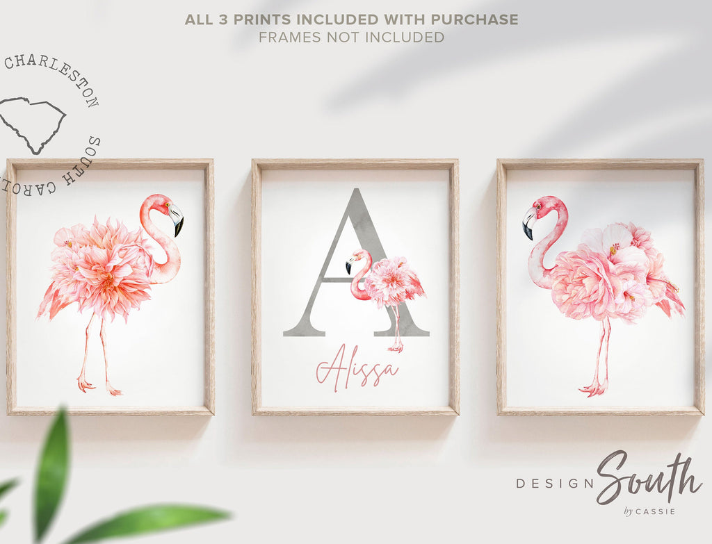 Pink and gray nursery art, pink and gray nursery decor baby name personalized, flamingo girls name, custom girl sign tropical nursery themed