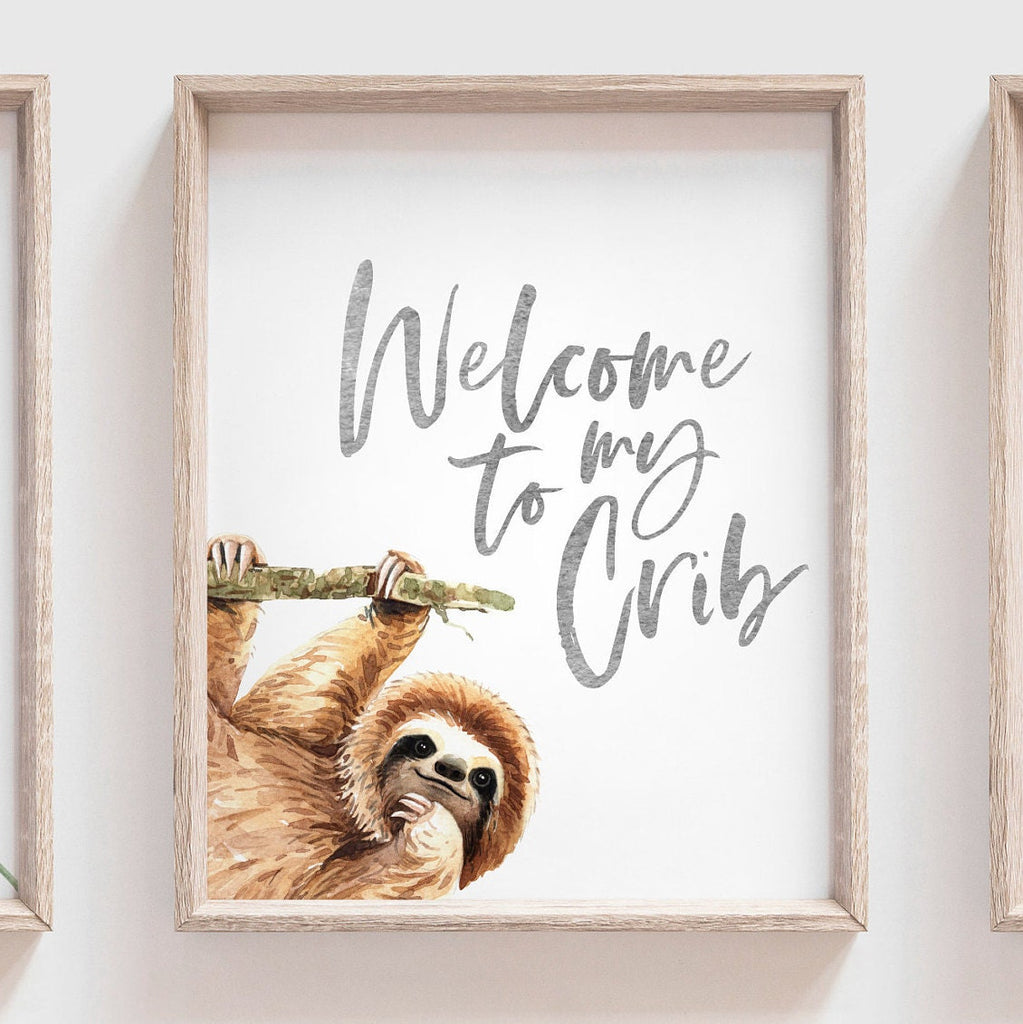 Sloth wall art set, sloth themed baby nursery, sloth nursery ideas, sloth tropical rainforest room decor, neutral sloth green gray newborn