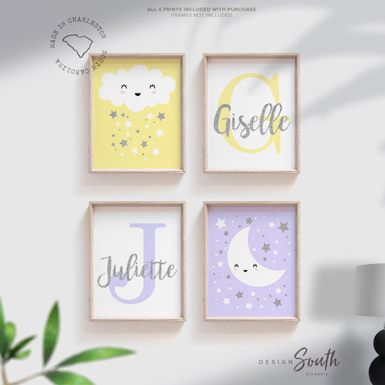 Twin nursery art print, sister nursery decor lilac purple and yellow nursery, girl room decor, twin nursery art girls, customized twin gift – unframed wall art print for kids room or nursery.