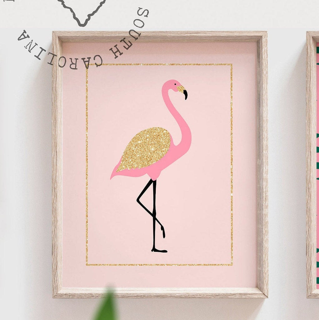 Pink and gold girls wall decor, nursery prints flamingo themed room decor, flamingo tropical art set, pink gold pineapple nursery, personalized nursery