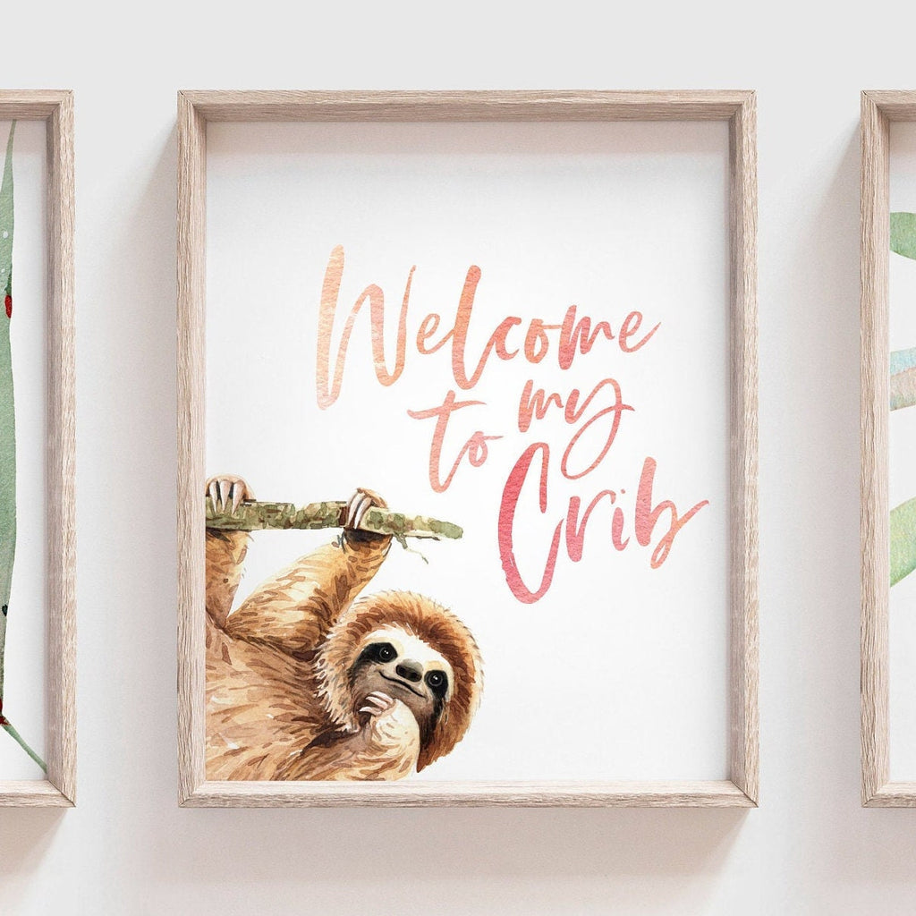 Baby sloth tropical palm leaf nursery, tropical palm nursery decor, baby palm leaf tropical nursery decor, sloth themed room decor wall sign