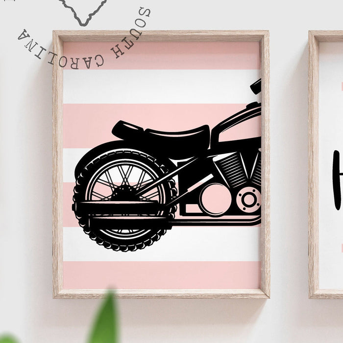 Toddler girl pink motorcycle themed art, girls motorcycle customized name print, pink harley davidson bedroom decor, baby pink harley wall