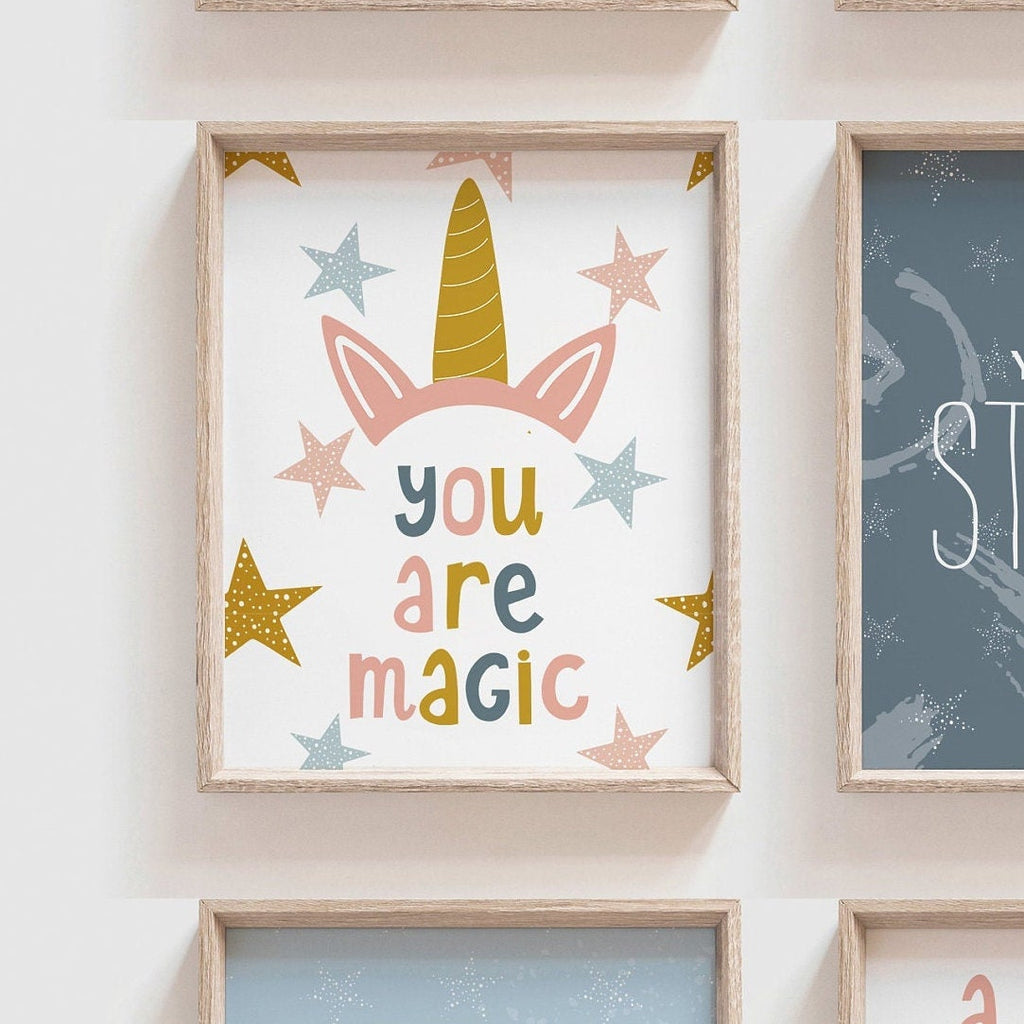 Little girl room unicorns rainbows dinosaurs ABCs, pink printable playroom art, you are magic loved strong brave inspirational positive wall