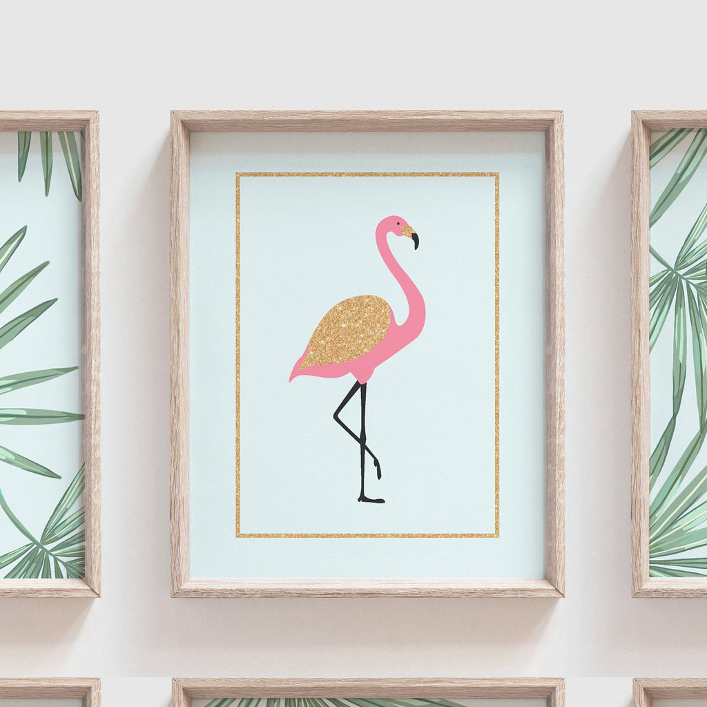 Flamingo pineapple palms wall art set, pink gold sparkles green palms themed, little girl room tropical, baby girl flamingo wall decor idea