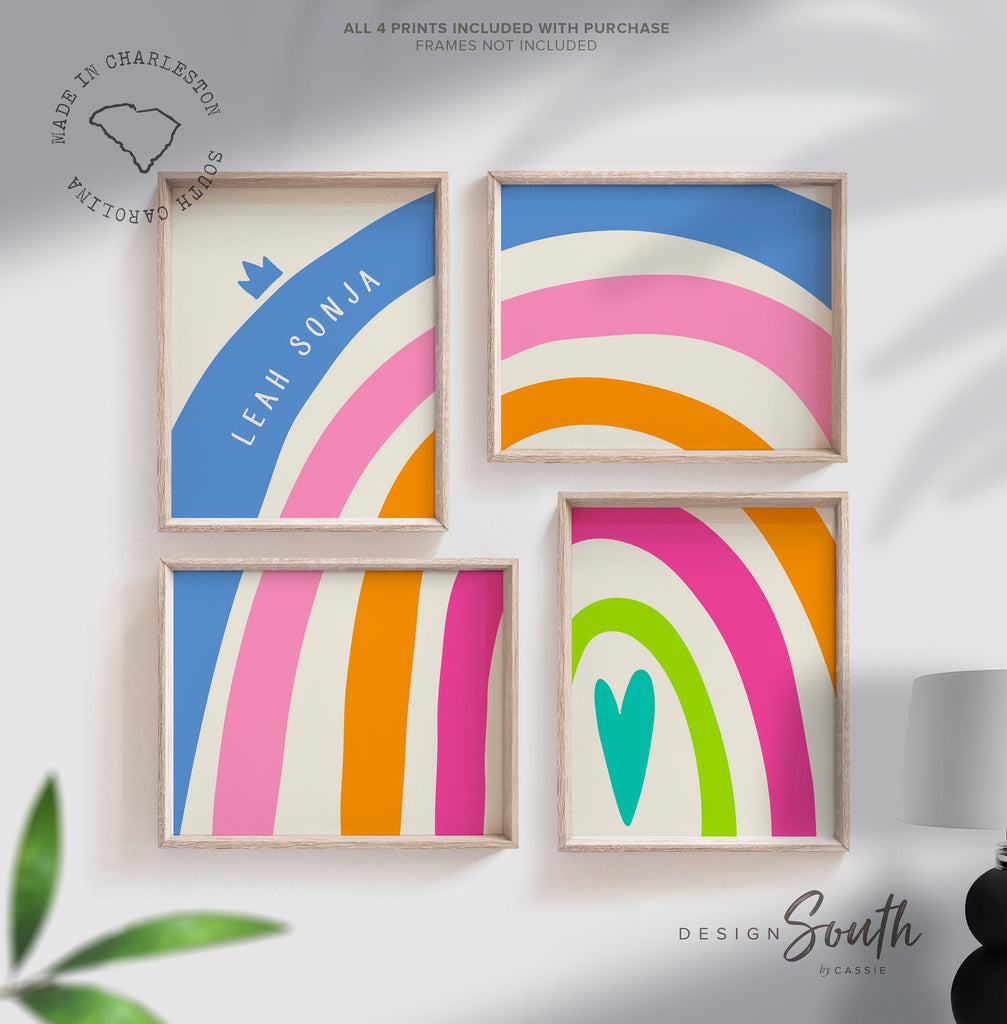 teal_and_pink_decor,rainbow_wall_decor,blue_orange_teal,rainbow_themed_art,rainbow_print_set,girls_rainbows,rainbow_wall_art,rainbow_bedroom_art,hot_pink_lime_green,wall_art_for_girls,bright_baby_girl,colorful_room_decor,personalized_name