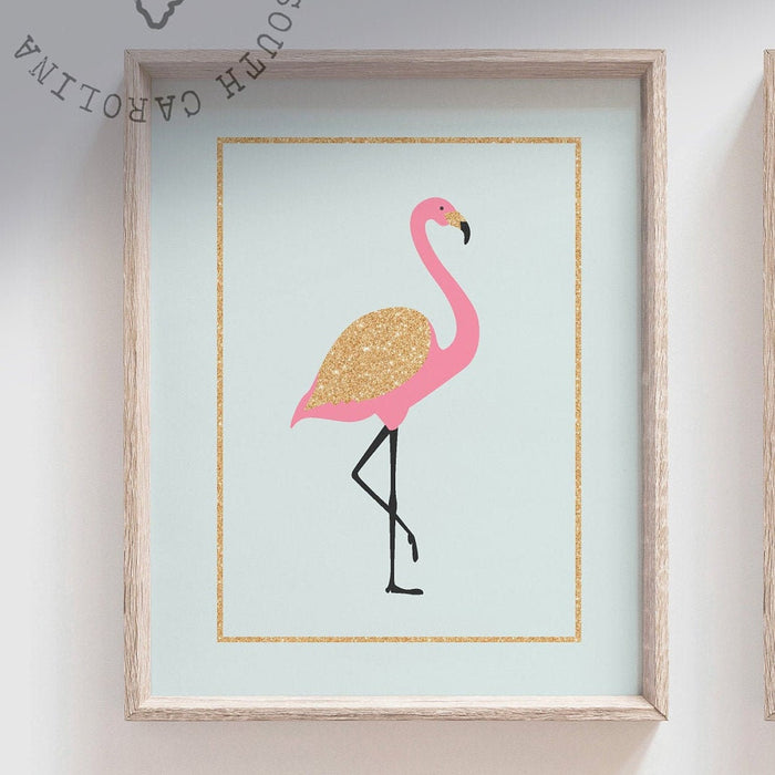Tropical nursery theme, pink aqua nursery, pink palm trees flamingos gold sparkles, girl's name pink aqua gold baby room wall art tropical