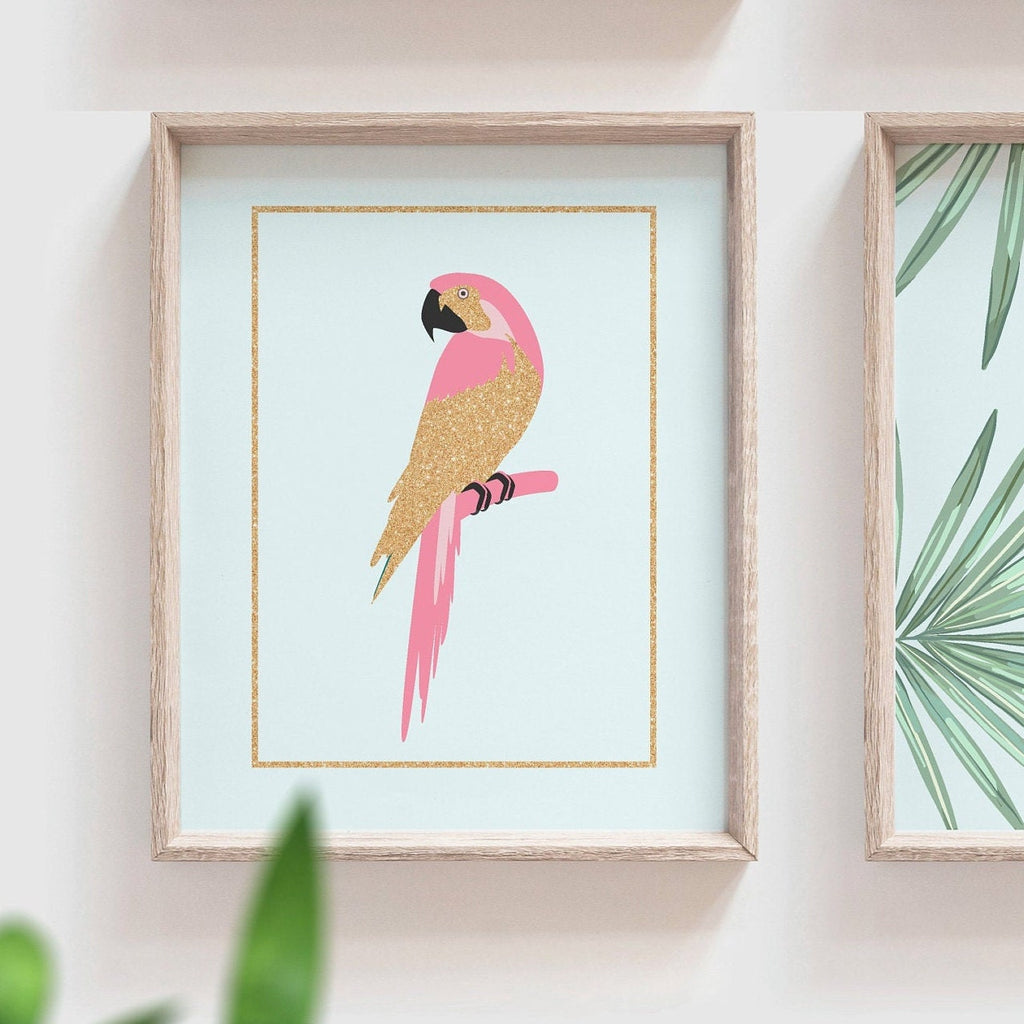 Flamingo pineapple palms wall art set, pink gold sparkles green palms themed, little girl room tropical, baby girl flamingo wall decor idea