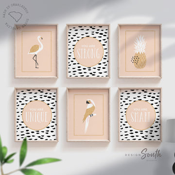 pink_and_black,girls_decor,girls_nursery_decor,dalmatian_speckles,modern_inspiring,trendy_pattern_girl,inspirational_decor,playroom_wall_ideas,you_are_smart_strong,you_are_unique_kid,tropical_themed_room,gallery_wall_tropics,pink_black_dots_gold