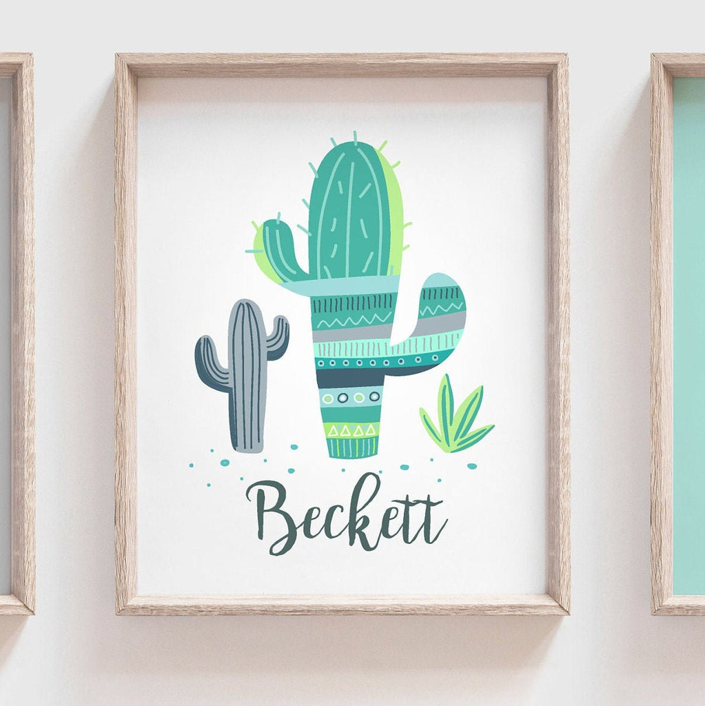 Teal blue cactus boho room decor, llama nursery boy alpaca, kid teal blue green boho child room art, cactus nursery boy, llama baby boy room – unframed wall art print for kids room or nursery.