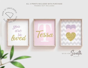 pink_purple_gold_art,pink_purple_nursery,gold_sparkle_hearts,baby_girl_name_gift,personalized_baby,baby_shower_gift,pink_nursery_decor,modern_newborn,trendy_nursery_ideas,girls_name_love,you_are_so_loved,baby_room_print_set,girls_name_sparkle