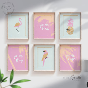 tropical_sparkles,gold_pink_aqua,you_are_unique,you_are_brave,you_are_strong_kid,baby_girl_room_art,little_girl_gift,flamingos_pink,pineapple_palms,summer_themed_art,summer_themed_room,tropical_baby_room,tropical_bedroom