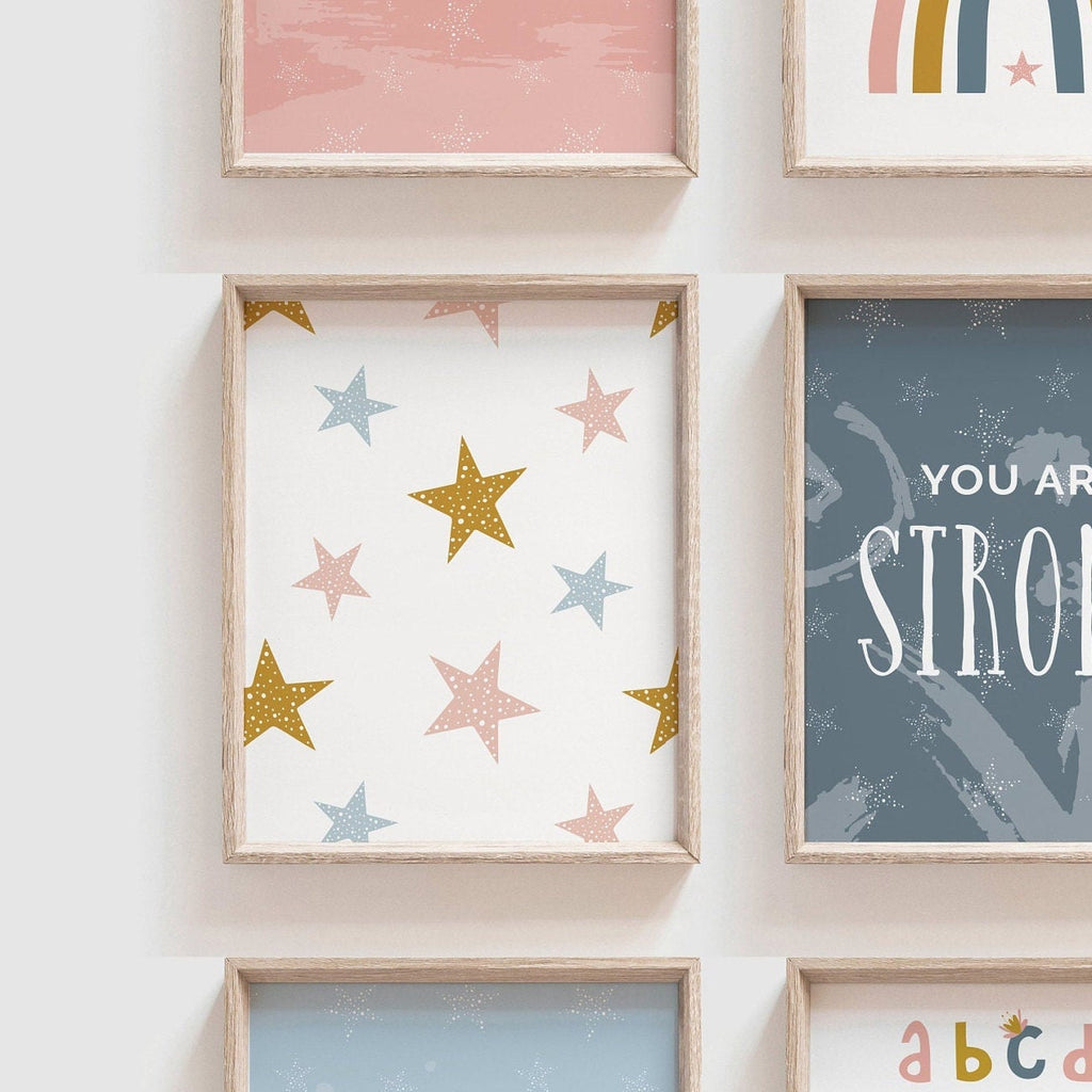 Girl dinosaur art, girl's playroom bedroom rainbows stars alphabet print set, inspirational posters prints for little girls, pink dinosaurs