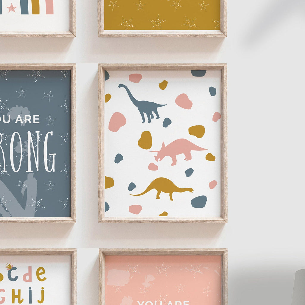 Girl dinosaur art, girl's playroom bedroom rainbows stars alphabet print set, inspirational posters prints for little girls, pink dinosaurs