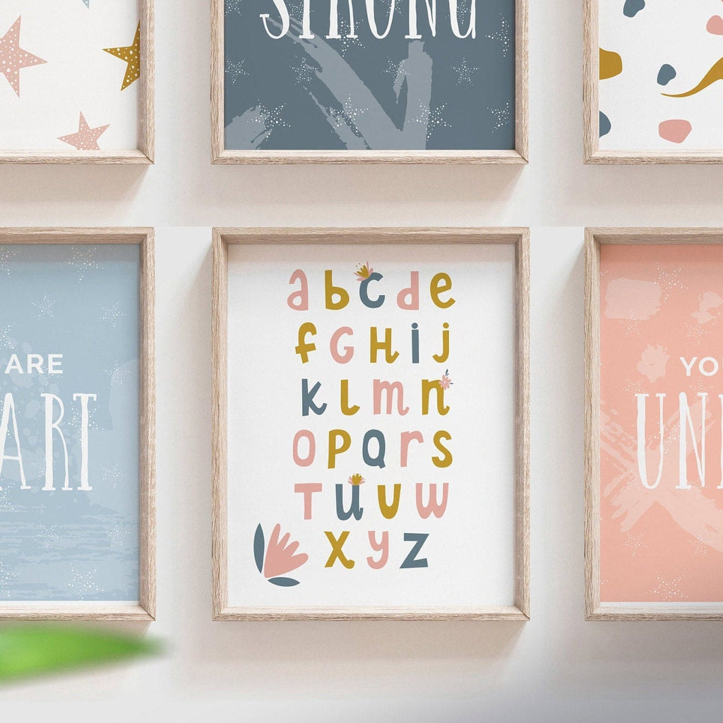 Girl dinosaur art, girl's playroom bedroom rainbows stars alphabet print set, inspirational posters prints for little girls, pink dinosaurs