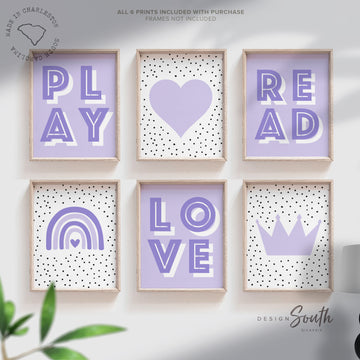 shades_of_purple,lavender_lilac_kids,little_girl_bedroom,girl_room_wall_art,playroom_wall_decor,heart_crown_rainbow,dalmatian_speckle,love_play_read_art,print_gallery_wall,nursery_playroom,children_room_art,girl_playroom_wall,girl_bedroom_wall