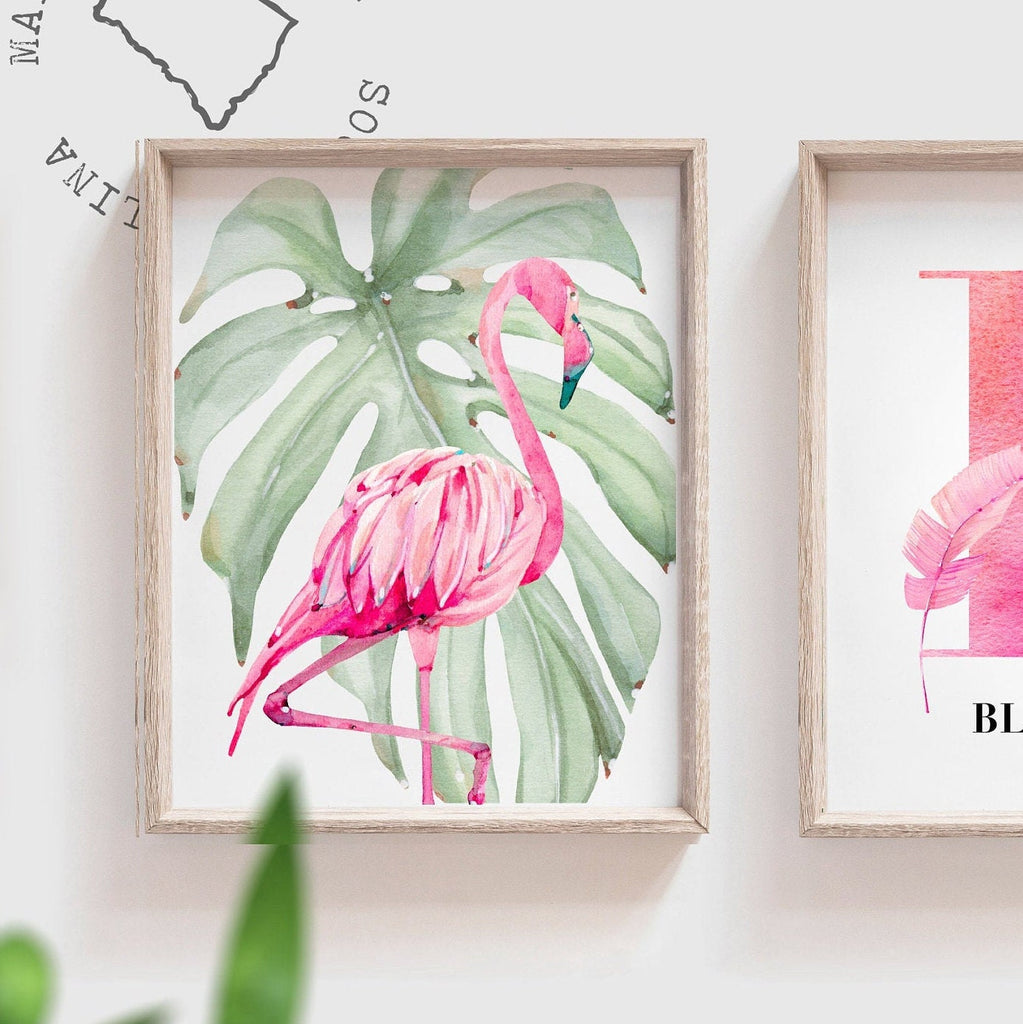 Hot pink flamingo tropical palm leaf baby, pink girls nursery art green botanical tropics, girl pink flamingo art, baby girl flamingo wall