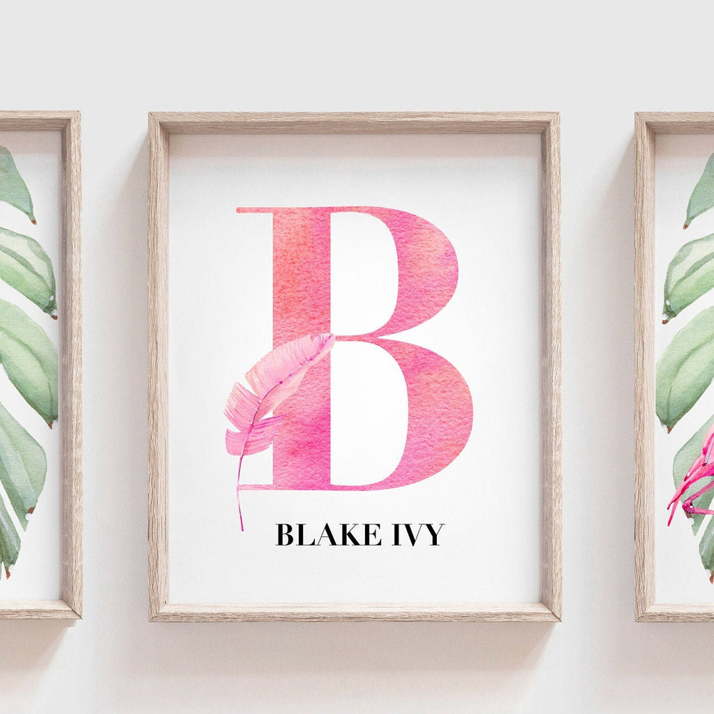 Hot pink flamingo tropical palm leaf baby, pink girls nursery art green botanical tropics, girl pink flamingo art, baby girl flamingo wall