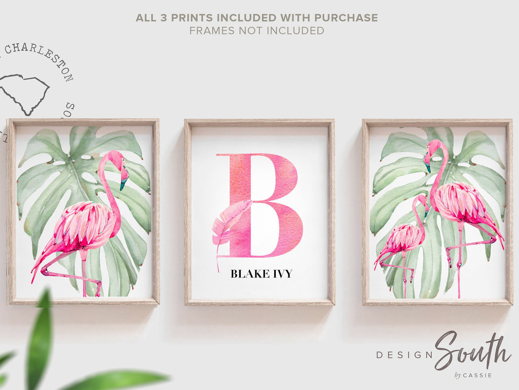 Hot pink flamingo tropical palm leaf baby, pink girls nursery art green botanical tropics, girl pink flamingo art, baby girl flamingo wall