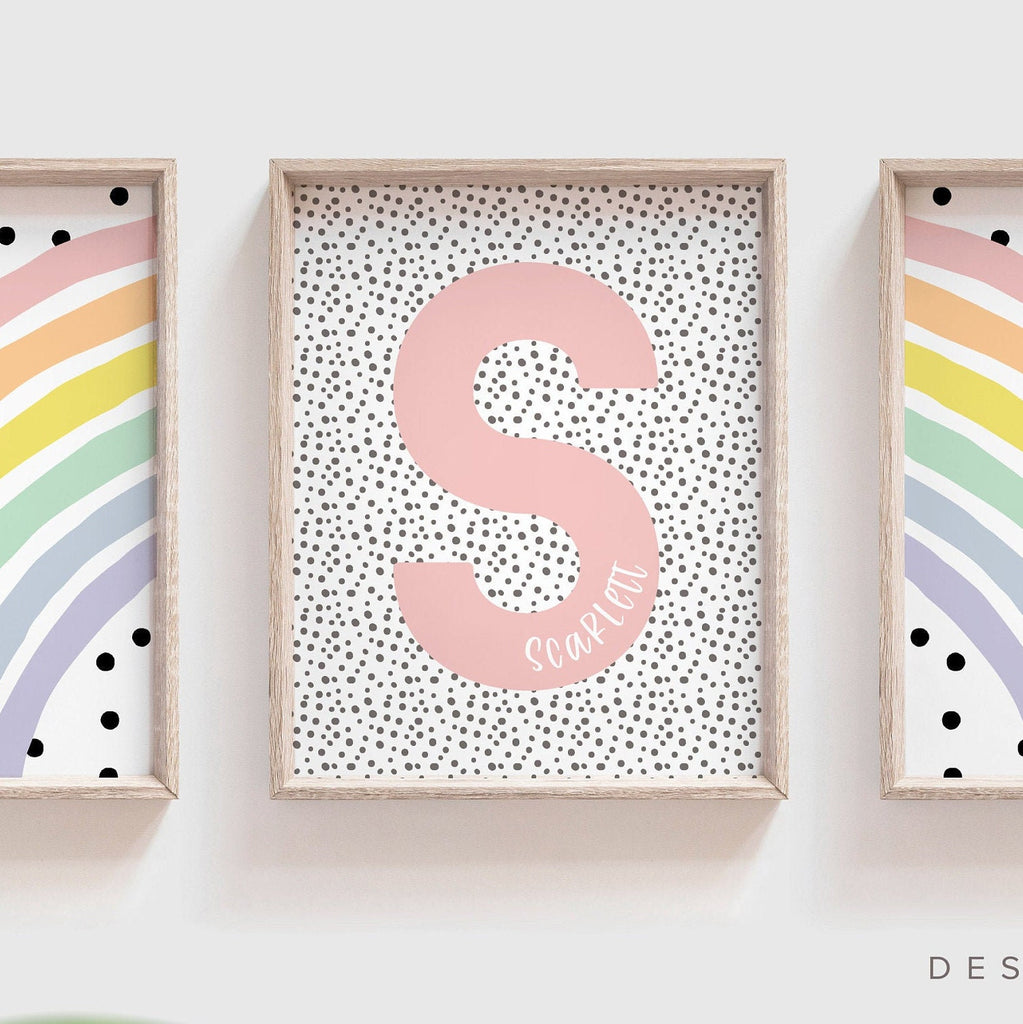 Rainbow nursery monogram art print, baby girl monogram nursery wall art, custom nursery wall art, rainbow monogram letter, polka dots kids – unframed wall art print for kids room or nursery.