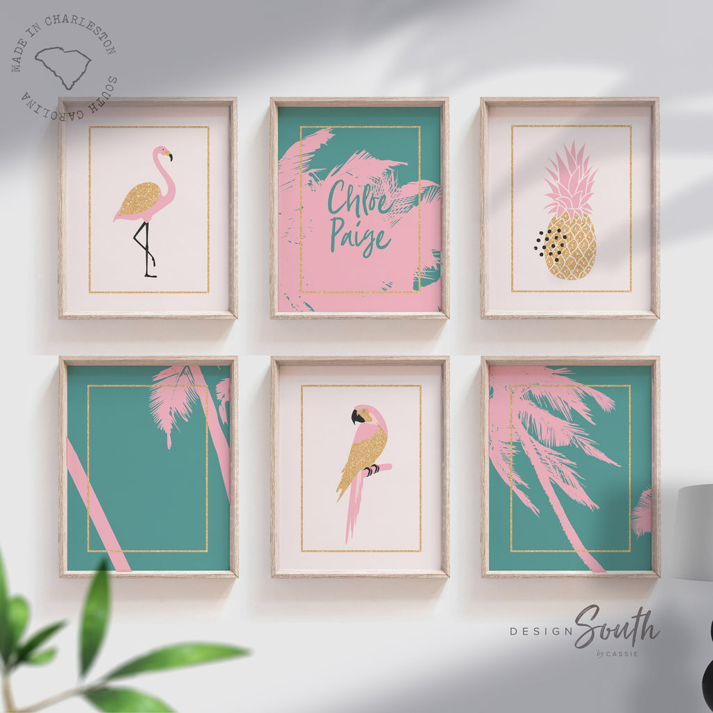 gold_sparkles_pink,flamingo_pineapple,pink_gold_nursery,pink_gold_bedroom,wall_art_baby_girl,playroom_wall_ideas,tropical_palm_theme,palm_tree_nursery,palm_themed_room,girls_name_custom,tropical_shower_gift,tropical_baby_room,little_girl_room_art