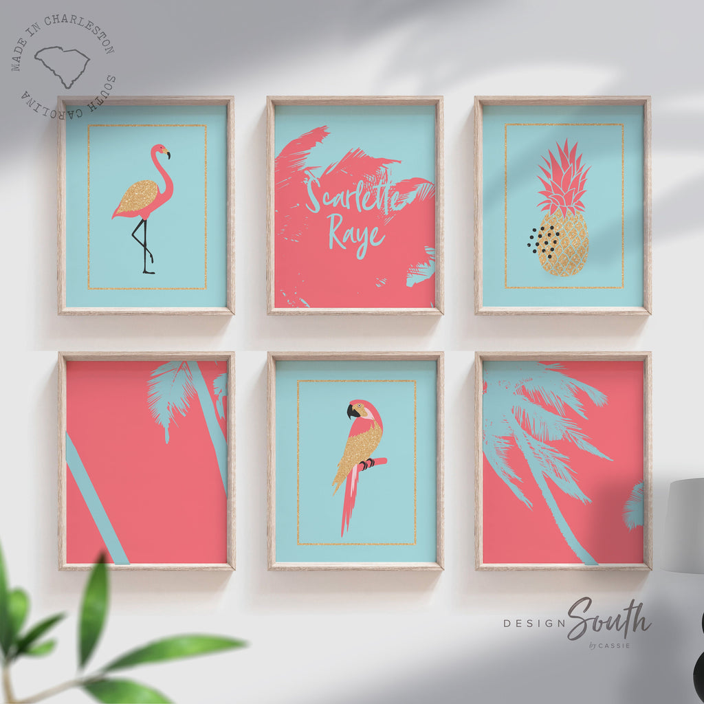name_sign_new_baby,girl_gift_art_set,flamingo_nursery_art,ideal_for_nursery,playroom_palm_decor,personalized_girl,tropical_baby_shower,baby_shower_palms,gift_for_newborn,girl_tropical_vibes,tropical_vibe_room,tropical_nursery_art,baby_girl_wall_art
