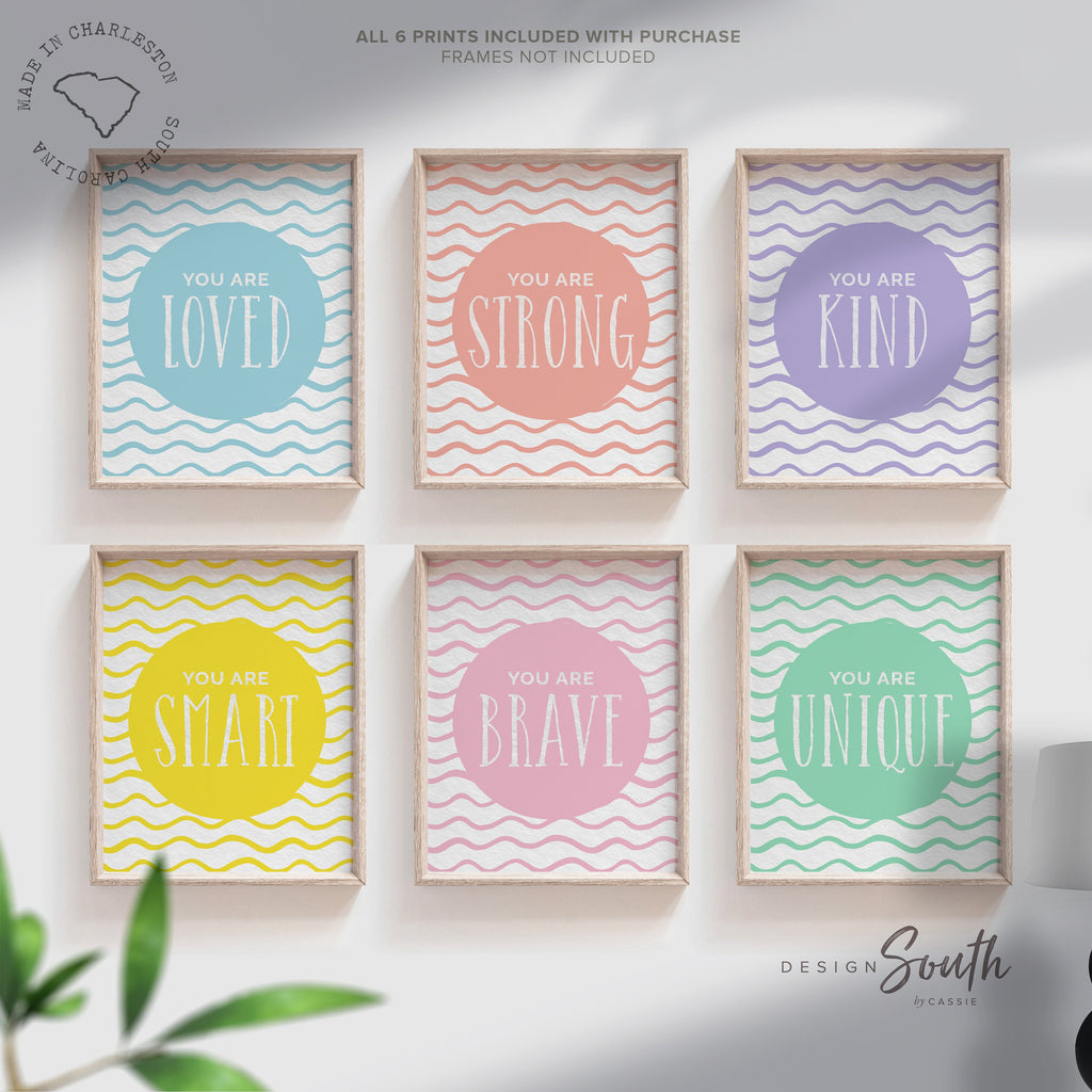 fun_modern_whimsy,inspiring_kind_loved,smart_unique_you,brave_affirmations,pastel_playroom_kids,bedroom_wall_signs,print_set_of_6_six,gallery_wall_child,pink_purple_mint,coral_blue_yellow,positive_wall_decor,positive_messages,boys_and_girls