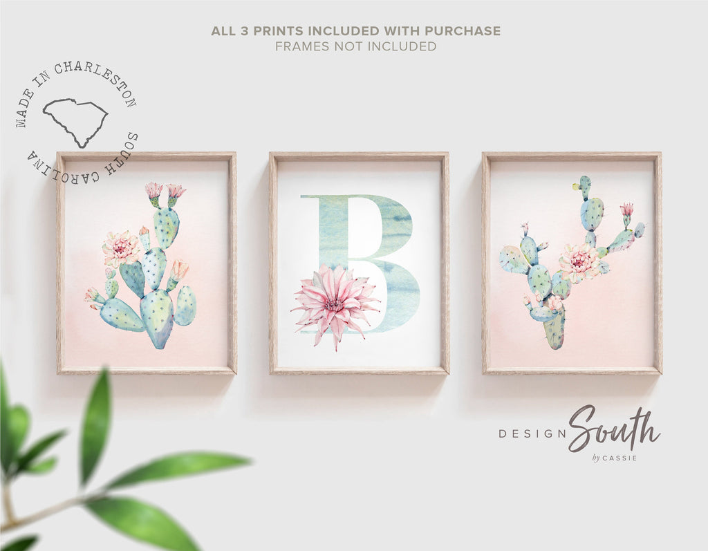 girls_nursery_decor,coral_nursery_decor,coral_and_mint,baby_girl_mint_pink,wall_art_for_girl,cactus_blooms_theme,floral_cactus_desert,mint_coral_flowers,baby_girl_nursery,personalized_initial,cactus_pink_flowers,pink_succulents,succulent_nursery