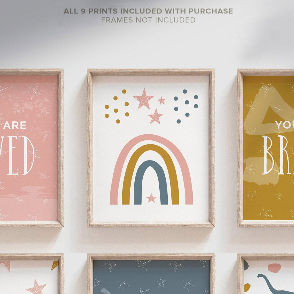 Girl dinosaur art, girl's playroom bedroom rainbows stars alphabet print set, inspirational posters prints for little girls, pink dinosaurs